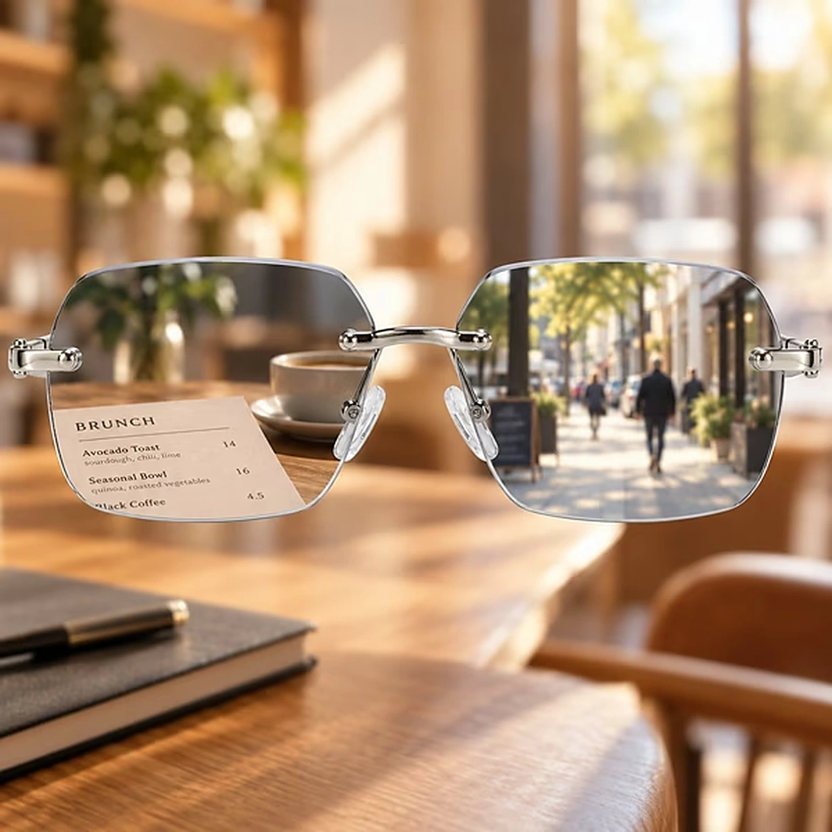 Bluelume Glasses on a cafe table showing a menu up close and a street in the distance through the lenses