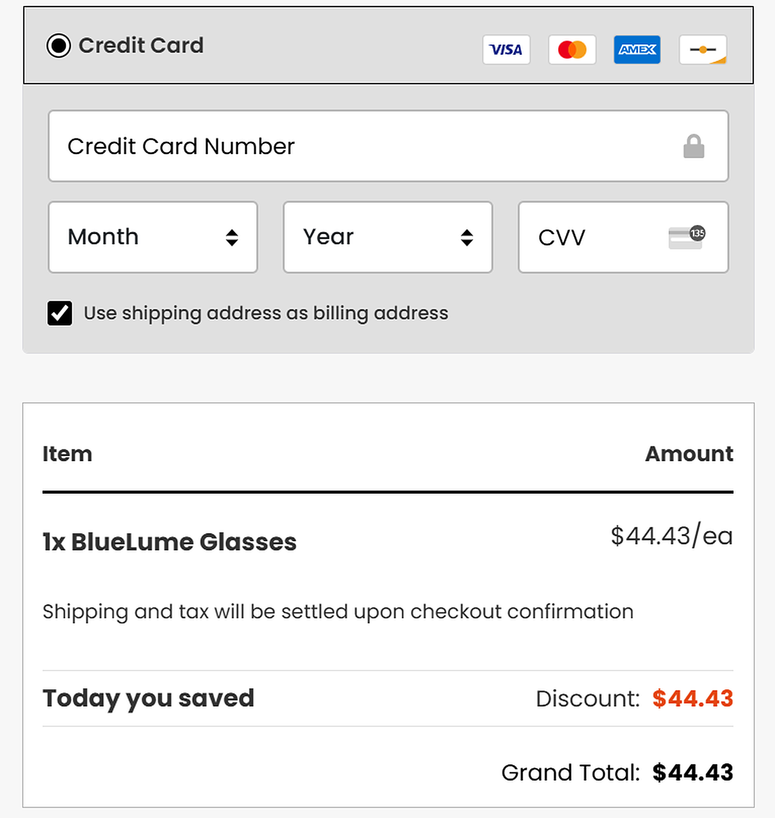 Bluelume Glasses checkout page with credit card payment form and order summary