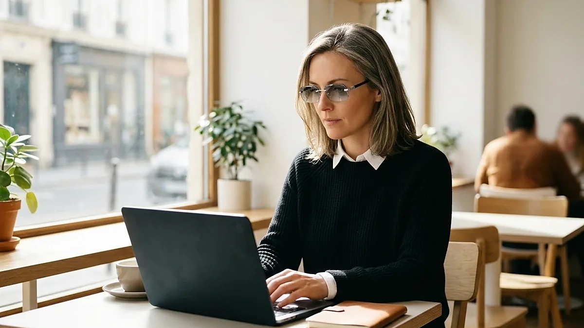 Woman working on a laptop in a cafe while wearing Bluelume Glasses