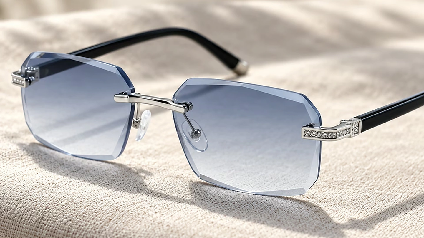 Bluelume Glasses with blue gradient rimless lenses resting on linen