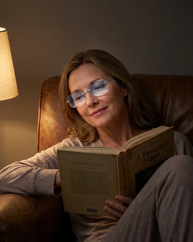 Woman reading a book by lamplight while wearing Bluelume Glasses