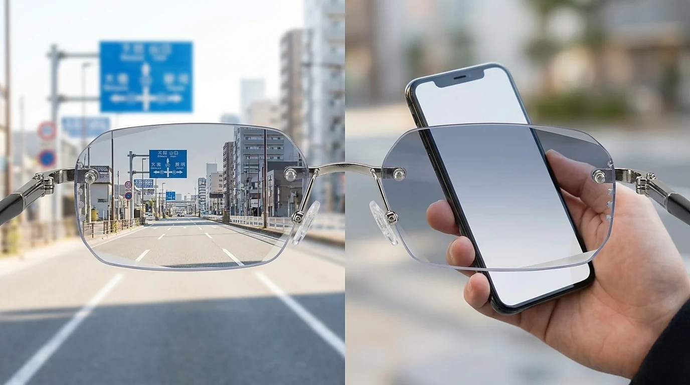 View through Bluelume Glasses multi-zone lenses showing a clear street at distance and a smartphone up close
