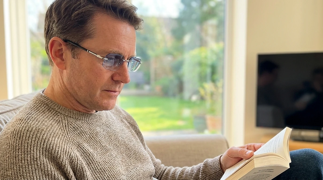 Man reading a book at home while wearing Bluelume Glasses